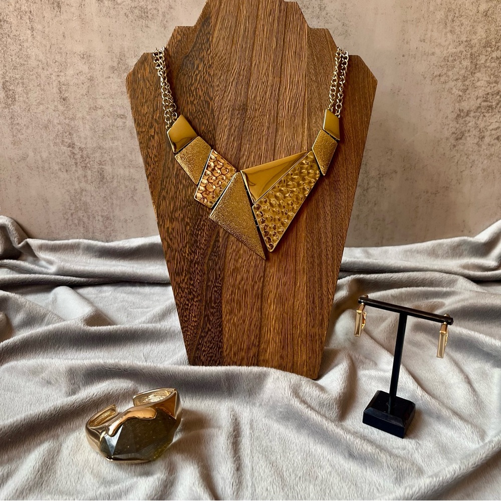 3 Piece Curated Set Gold Tone Geometric Statement Necklace Cuff and Earrings